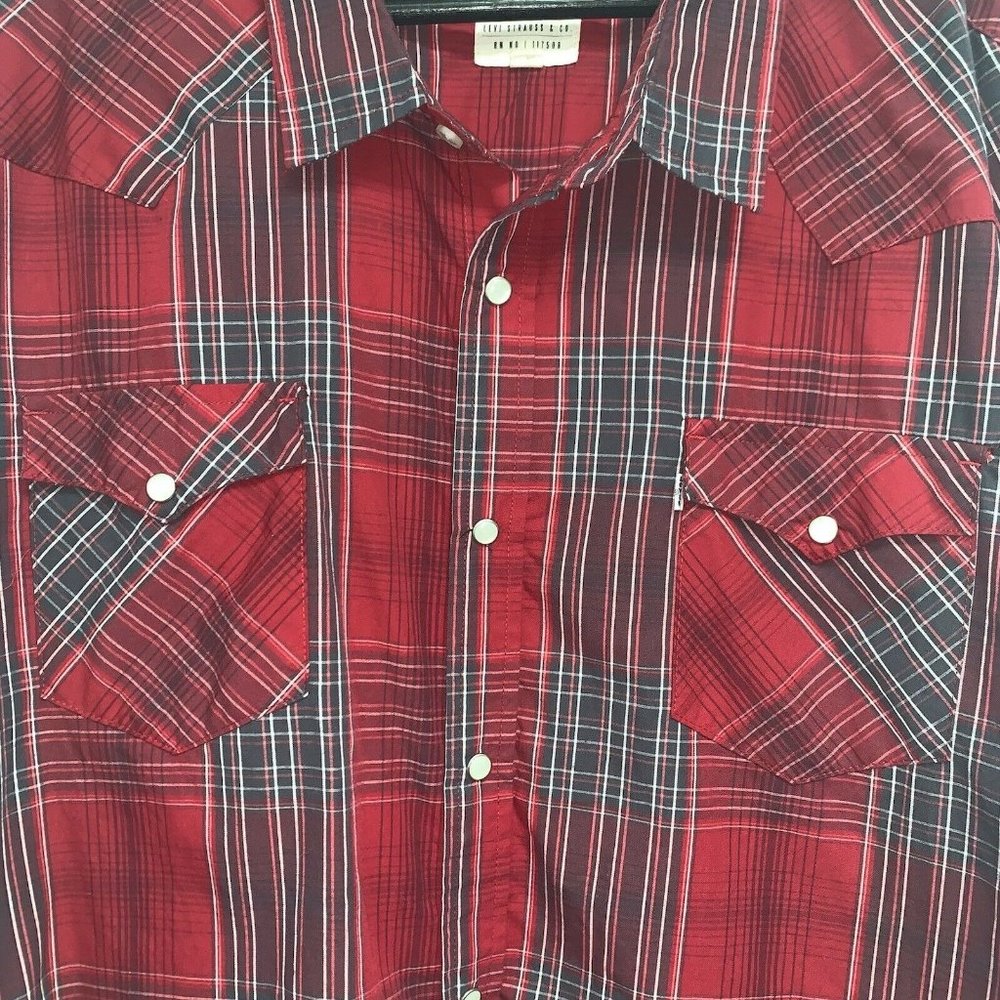Levis Mens  Standard Fit Long Sleeve Western Pearl Snap Shirt Size XXL Red Plaid - Picture 2 of 5